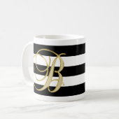 Elegant Letter B Monogram Gold Black White Striped Koffiemok (Voorkant links)