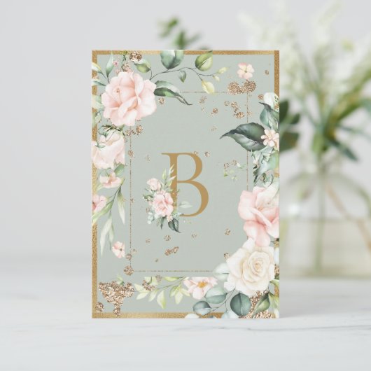 Elegant Letter B Monogram Waterverf Roze rozen Bedankkaart (Staand voorkant)
