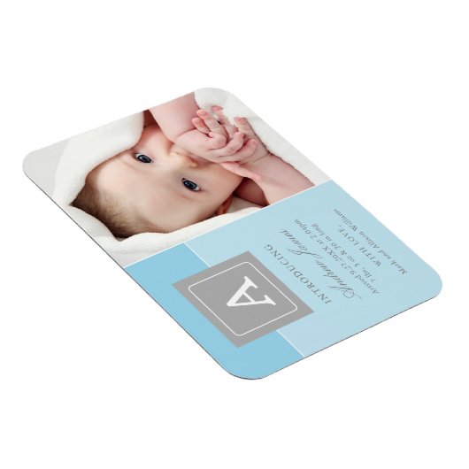 Elegant Letter Block Baby Blue Photo Birth Magneet (Rechterzijde)