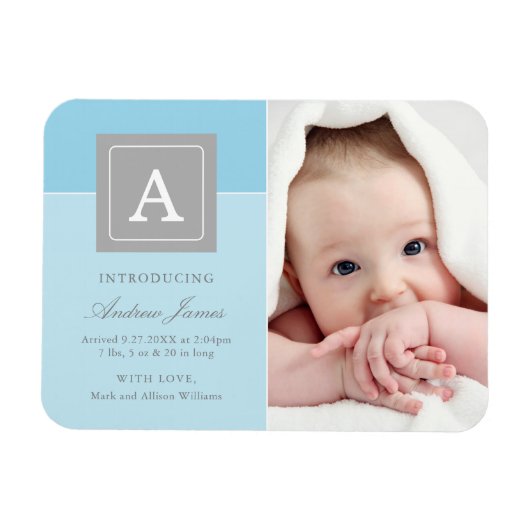 Elegant Letter Block Baby Blue Photo Birth Magneet (Horizontaal)