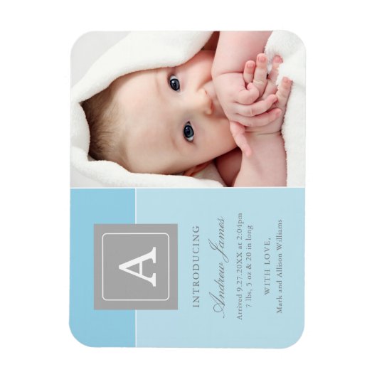 Elegant Letter Block Baby Blue Photo Birth Magneet (Verticaal)
