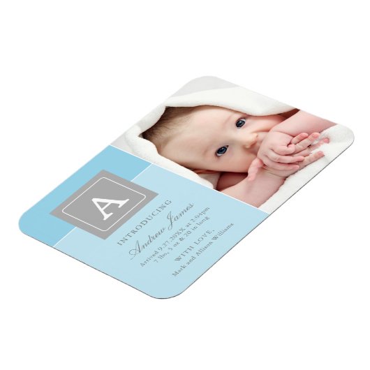 Elegant Letter Block Baby Blue Photo Birth Magneet (Linkerzijde)