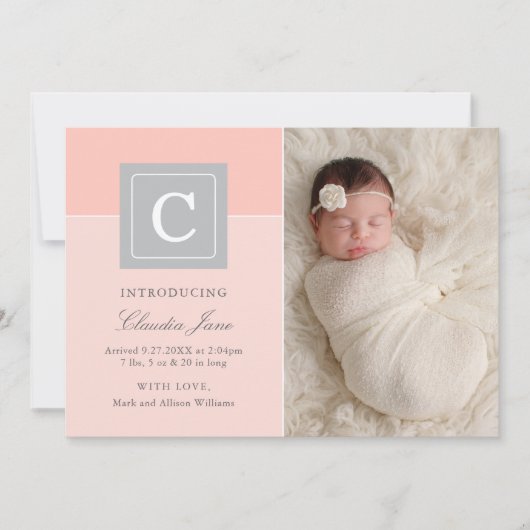 Elegant Letter Block Baby Meisje Foto Blush Geboor Aankondiging (Voorkant)