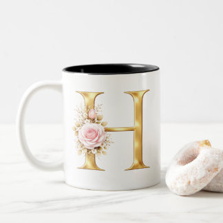 Elegant Letter H Floral Monogram Tweekleurige Koffiemok