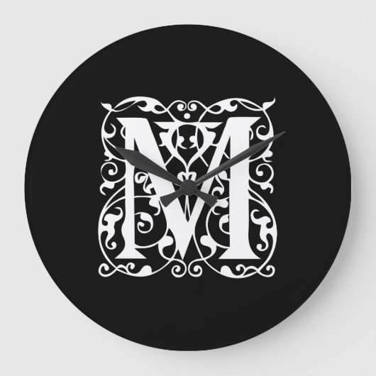 Elegant Letter M White op zwart monogram Grote Klok (Voorkant)