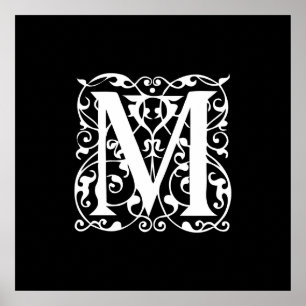 Elegant Letter M White op zwart monogram Poster