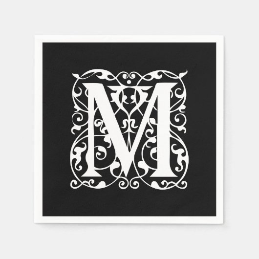 Elegant Letter M White op zwart monogram Servet (Voorkant)