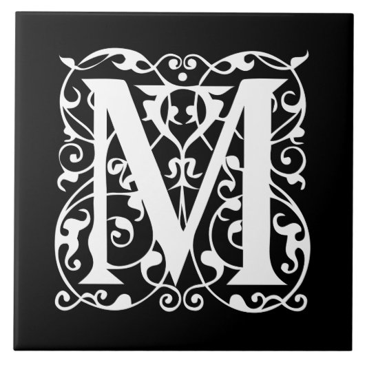 Elegant Letter M White op zwart monogram Tegeltje (Voorkant)
