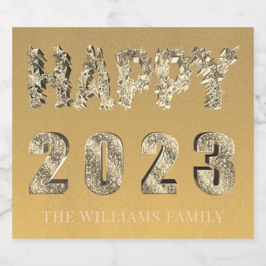 Elegant Lettering Golden Stars Happy Nieuwjaar 202 Sparkling Wijnetiket (Enkel label)