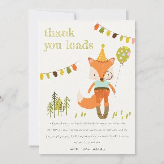 Elegant Leuke Woodland Fun Party Fox Kids Verjaard Bedankkaart (Voorkant)