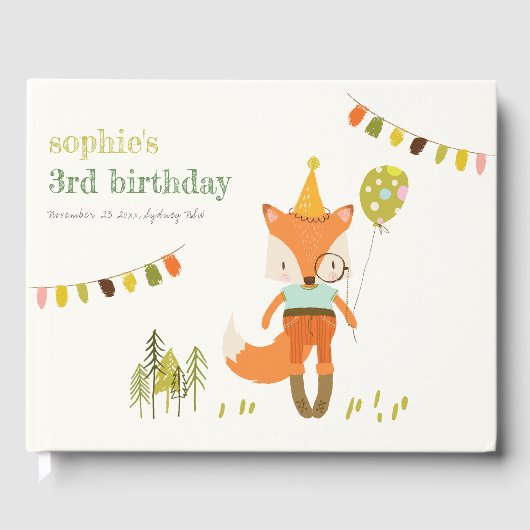 Elegant Leuke Woodland Fun Party Fox Kids Verjaard Gastenboek (Voorkant)