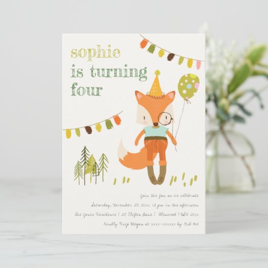 Elegant Leuke Woodland Fun Party Fox Kids Verjaard Kaart (Staand voorkant)