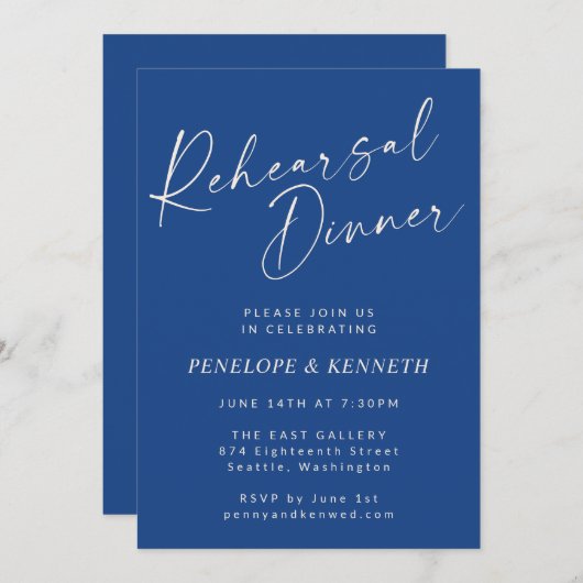 Elegant levendig blauw script repetitie diner kaart (Voorkant / Achterkant)