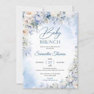 Elegant licht Blauw en wit Bloemen baby brunch Kaart