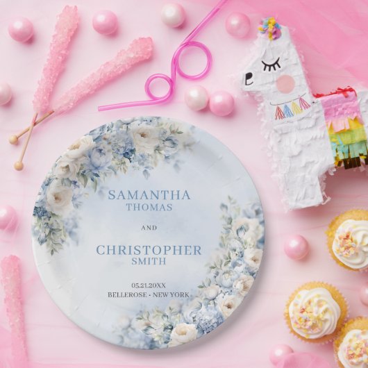 Elegant licht Blauw en wit Bloemen eucalyptus Papieren Bordje (Feest)