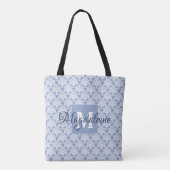 Elegant Licht Blauw & Wit Damask Monogram & Naam Tote Bag (Achterkant)