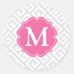 Elegant Licht Grijs Grieks Sleutel Gepersonaliseer Ronde Sticker