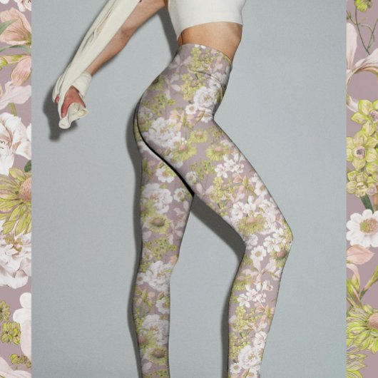 Elegant Licht Groen Neutraal Bloemenpatroon Leggings