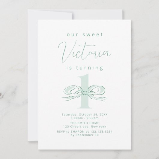 Elegant Licht Groene Hand Getrokken Boog 1e verjaa Kaart (Voorkant)