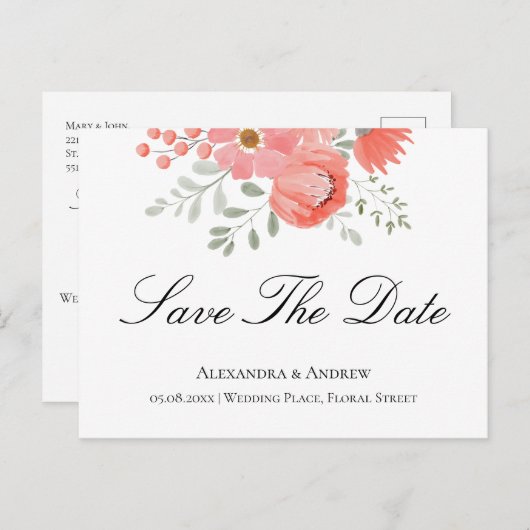 Elegant licht koraal roze Floral slaat de datum op Aankondigingskaart (Voorkant / Achterkant)