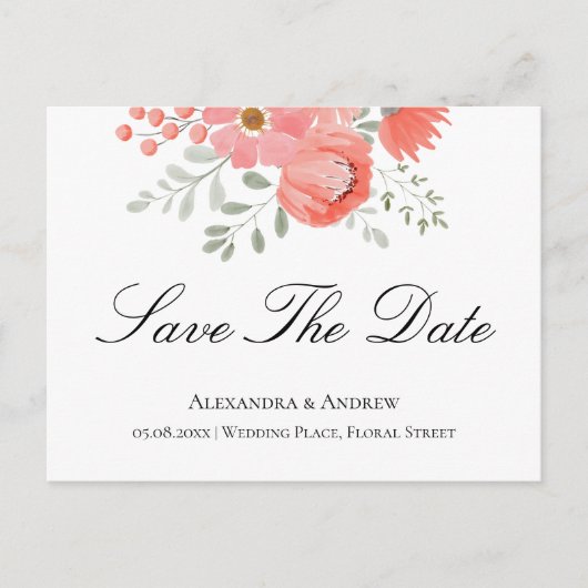 Elegant licht koraal roze Floral slaat de datum op Aankondigingskaart (Voorkant)