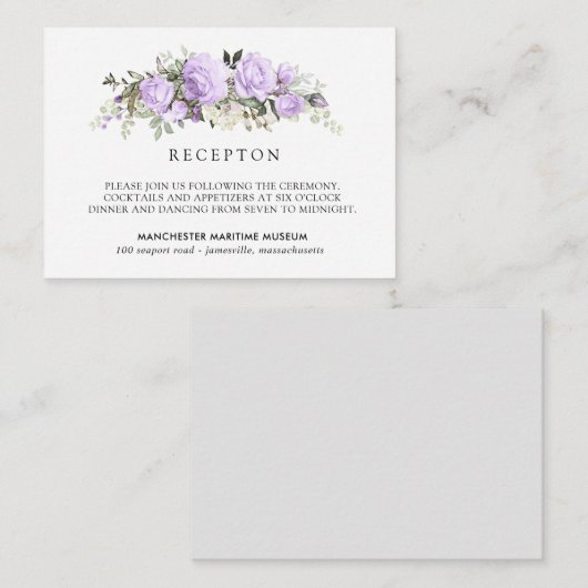 Elegant licht Paarse bloemenbruiloft receptie Informatiekaartje (Voorkant / Achterkant)