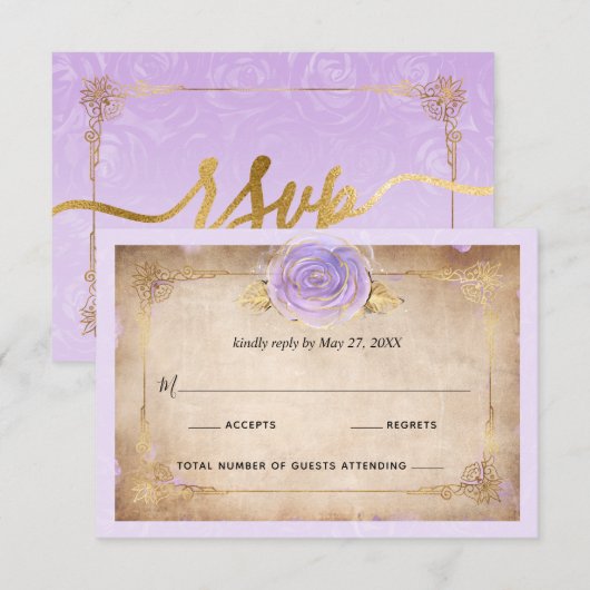Elegant licht Paarse en gouden Rozen perkament RSVP Kaartje (Voorkant / Achterkant)