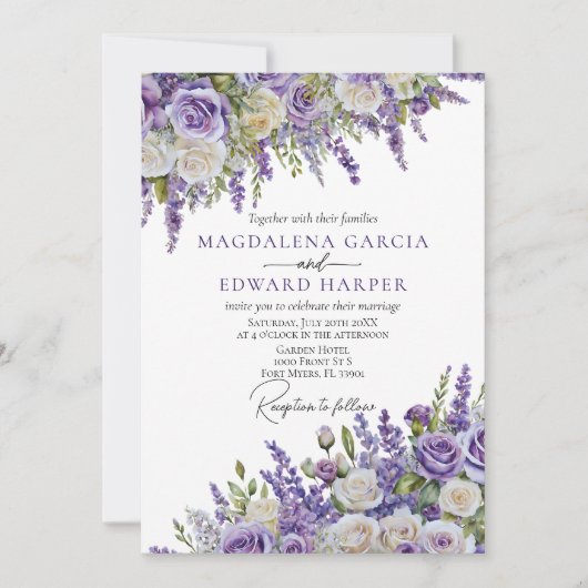 Elegant Licht Paarse Lavendel Rozen Bloemenbruilof Kaart (Voorkant)