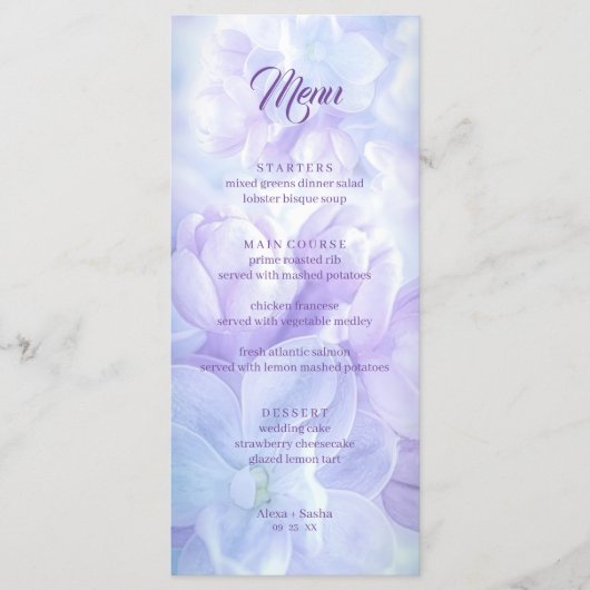 Elegant Licht Paarse Lila Bloemen Bruiloft Menu (Voorkant)