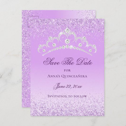 Elegant Licht Paarse Quinceanera Save The Date Briefkaart (Voorkant / Achterkant)
