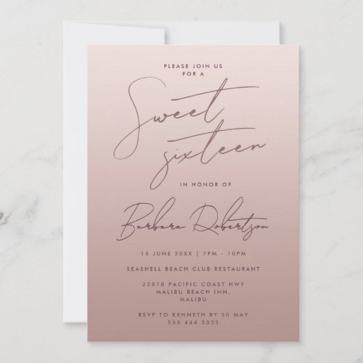 Elegant licht Roos goud Ombre script Sweet Sixteen Kaart (Voorkant)