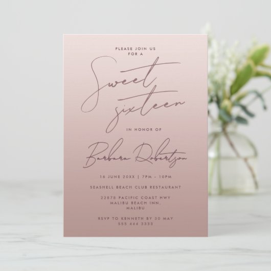 Elegant licht Roos goud Ombre script Sweet Sixteen Kaart (Staand voorkant)