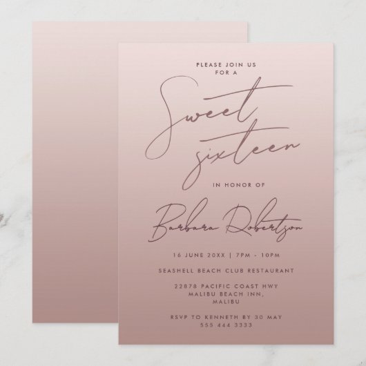 Elegant licht Roos goud Ombre script Sweet Sixteen Kaart (Voorkant / Achterkant)
