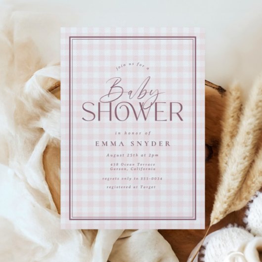 Elegant Licht Roze Wit Gingham Meisje Baby shower Kaart