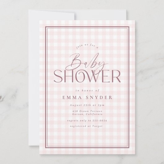 Elegant Licht Roze Wit Gingham Meisje Baby shower Kaart (Voorkant)