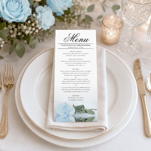 Elegant Licht Stofblauw Gespiegeld Roos Bruiloft Menu