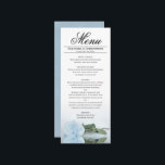 Elegant licht stoffig blauw gespiegeld Roos bruilo Menu<br><div class="desc">Dit prachtige menu zal wat stijl toevoegen aan uw huwelijksreceptie. Het heeft een mooi en romantisch ontwerp met een enkel licht stoffig blauw roos dat op zijn kant ligt en reflecteert in een plas water met golven en rimpelingen. Er is ruimte voor de namen van het paar en de trouwdatum,...</div>