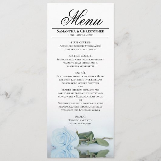 Elegant licht stoffig blauw gespiegeld Roos bruilo Menu (Voorkant)