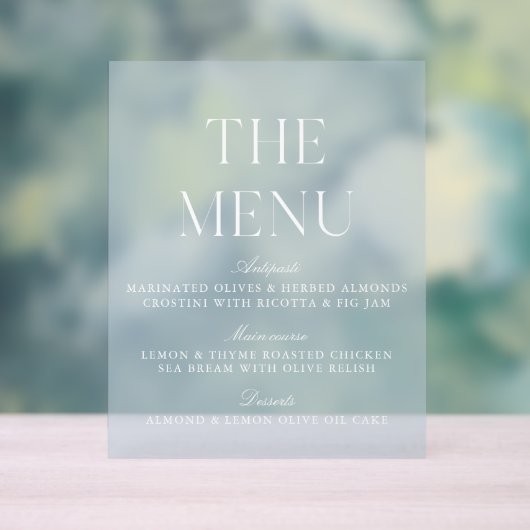 Elegant lichtblauw acryl bruiloft menu teken bord (Neutraal)