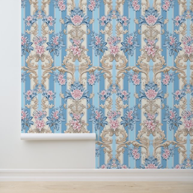 Elegant lichtblauw barok behang (Applicatie)