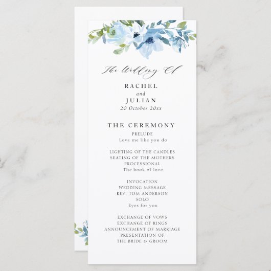 Elegant lichtblauw bloemenbruiloft programma programmakaart (Voorkant / Achterkant)