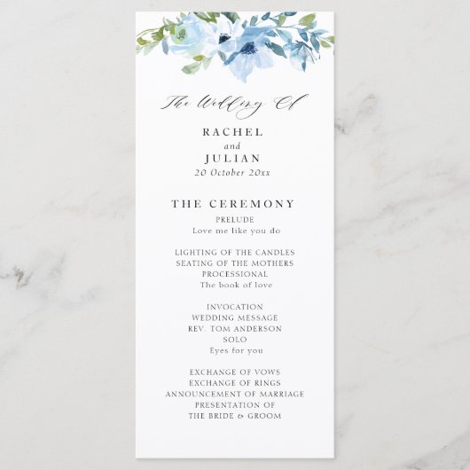 Elegant lichtblauw bloemenbruiloft programma programmakaart (Voorkant)