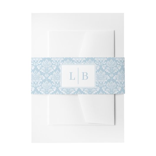 Elegant Lichtblauw Damast Monogram Uitnodigingen Wikkel (Voorkant Voorbeeld)