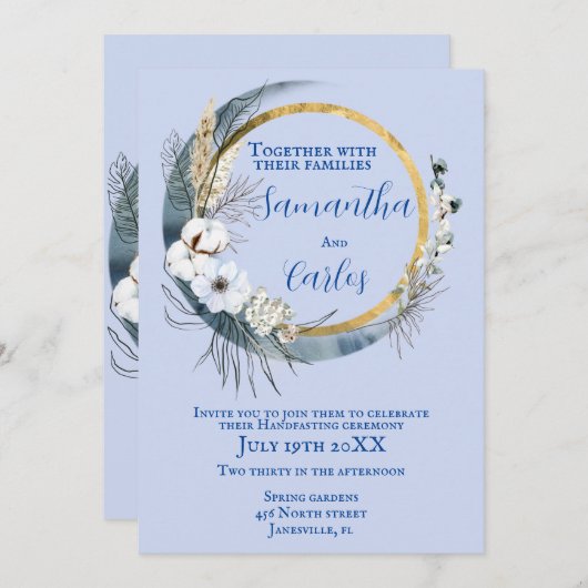 Elegant, lichtblauw en marine, maan Handfasting Kaart (Voorkant / Achterkant)