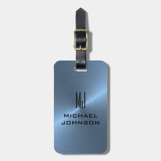 Elegant lichtblauw geborsteld metallisch monogramm bagagelabel (Voorkant verticaal)