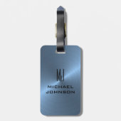 Elegant lichtblauw geborsteld metallisch monogramm bagagelabel (Achterkant verticaal)