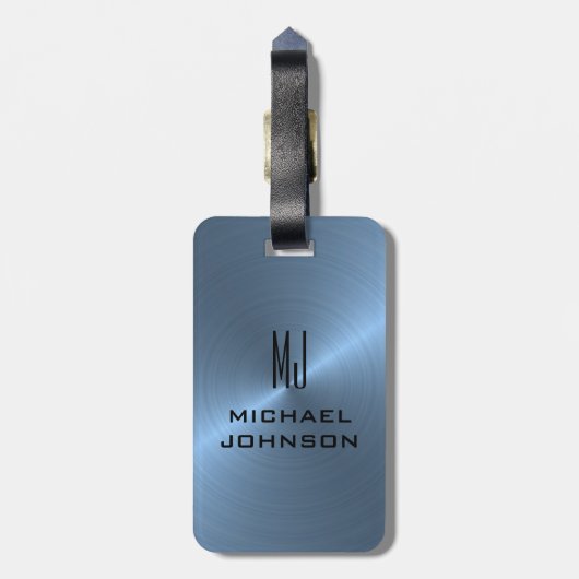 Elegant lichtblauw geborsteld metallisch monogramm bagagelabel (Achterkant verticaal)