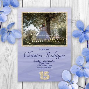 Elegant Lichtblauw, Goud Glitter 15 Quinceanera Folie Uitnodiging