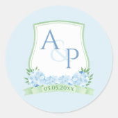 Elegant Lichtblauw Groen Botanisch Bruiloft Crest Ronde Sticker (Voorkant)