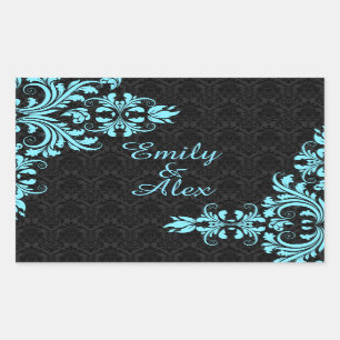 Elegant Lichtblauw Kant Zwart Damasks Rechthoekige Sticker